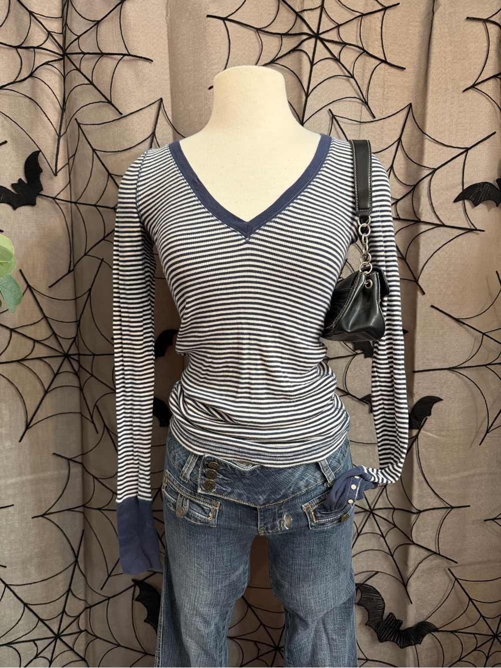Vintage Hollister Striped V-Neck Long Sleeve Top - Navy & White